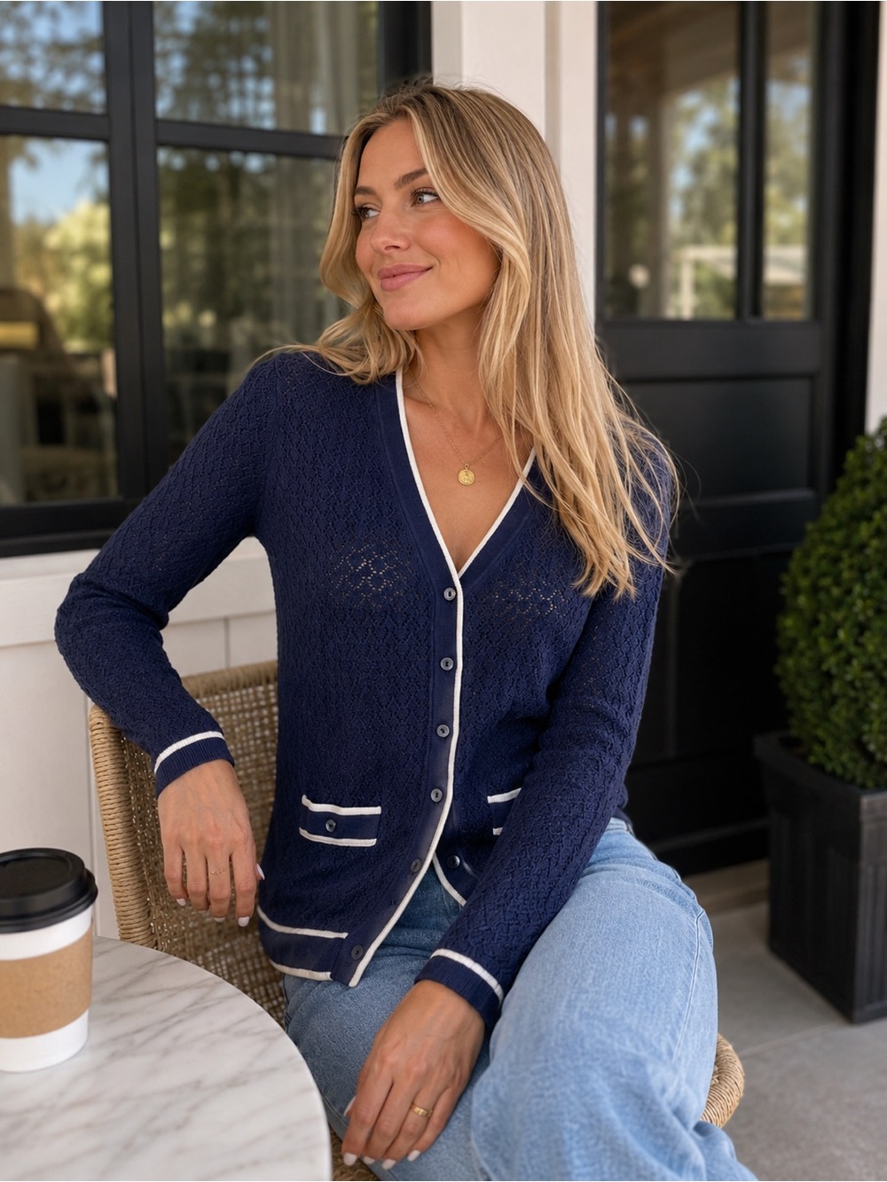 Brooks Brothers Navy Cardigan Sweater – Size Medium White Trim Coastal Chic